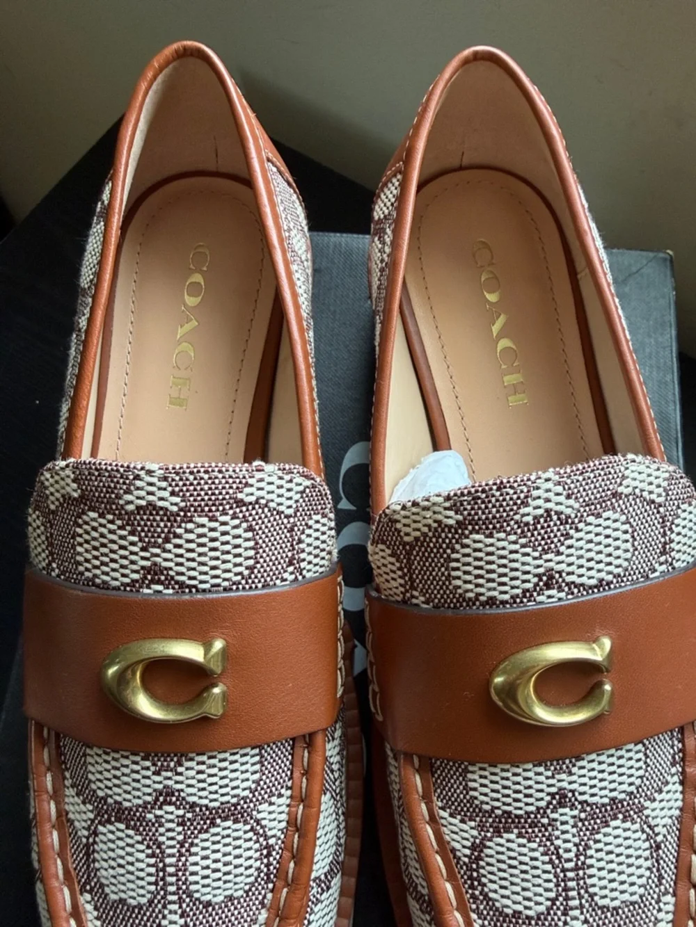 Coach Brown/Tan Signature Canvas Leather Loafers with Gold C Hardware - Picture 6 of 8